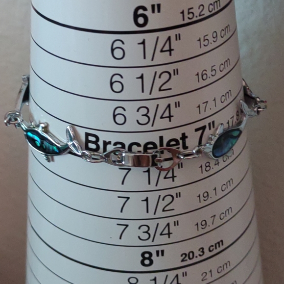 Silvertone Multi Link 7" Bracelet Paua Shell Blue & Greens Dolphins Fold over - Picture 4 of 5